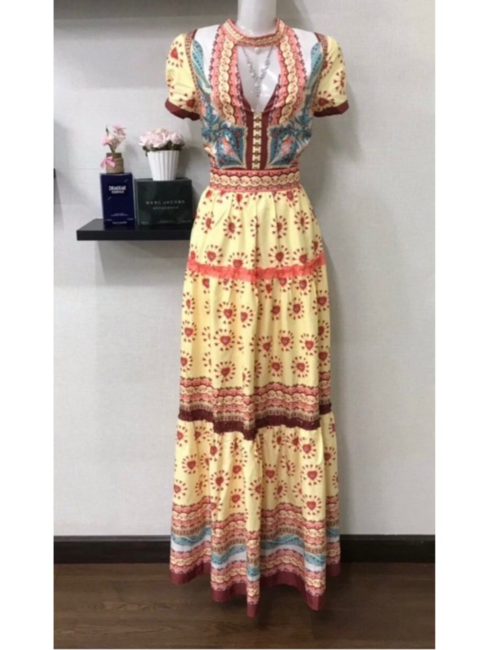 L'ATISTE Yellow Floral Embroidered Maxi Dress